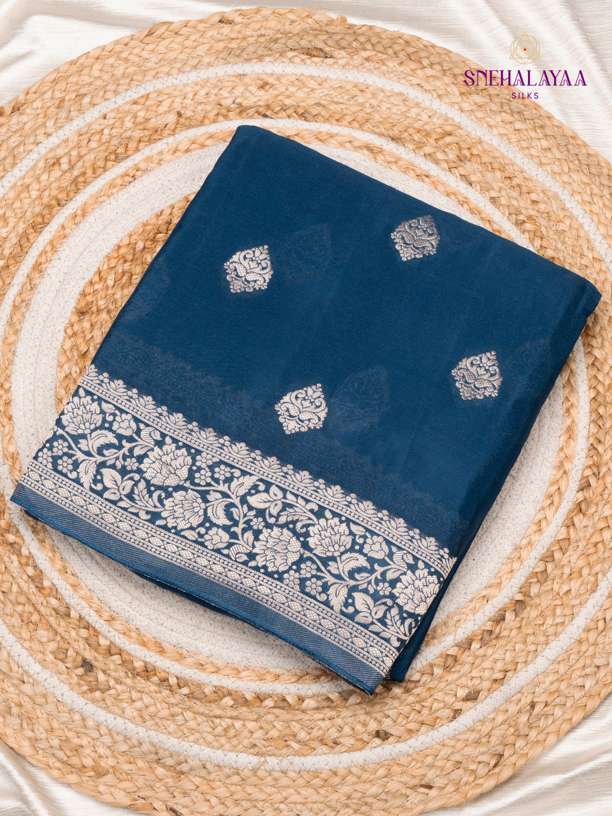 Navy Blue Banaras Crepe Silk Saree