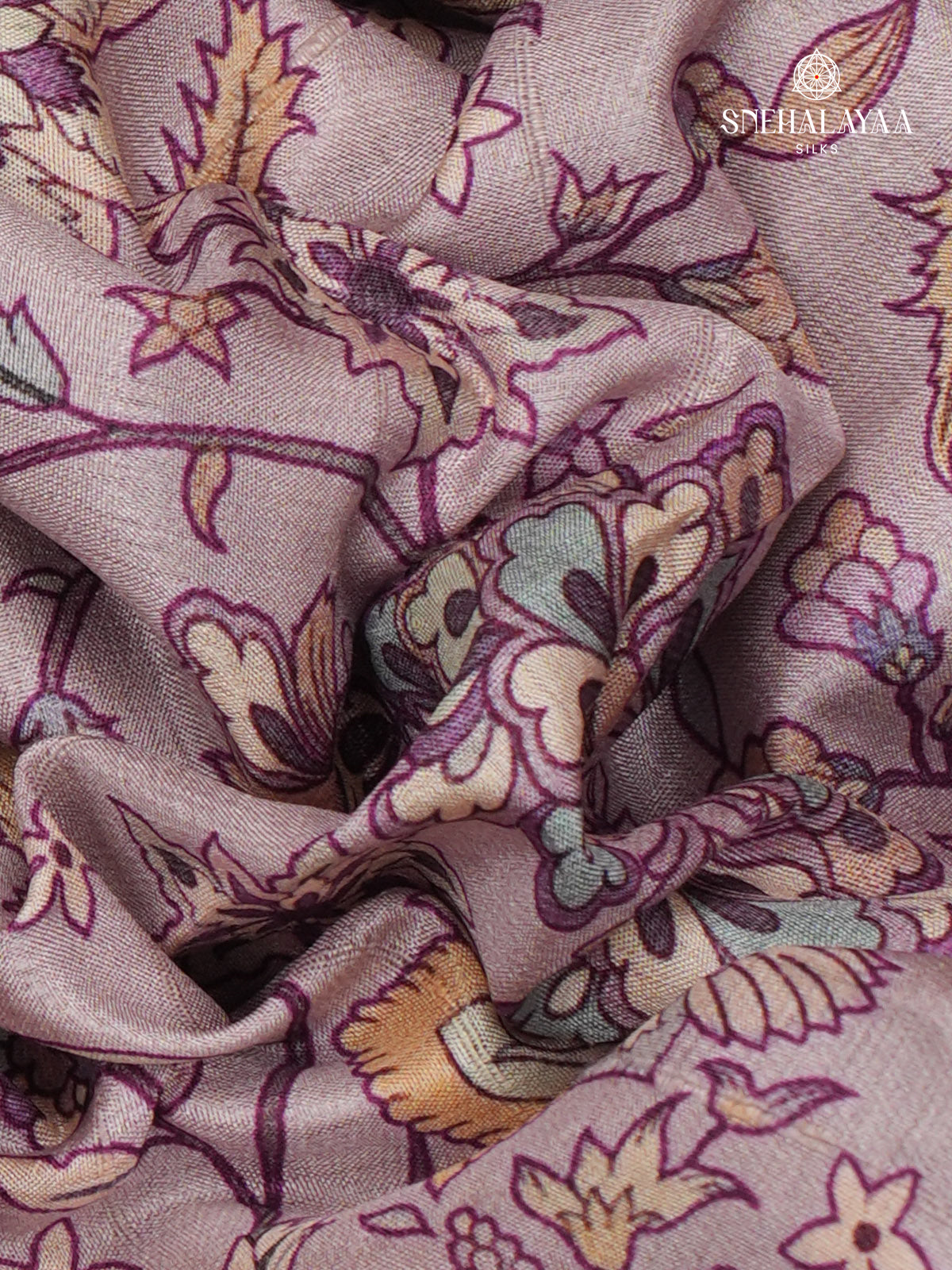 Lavender Floral Printed Tussar Saree