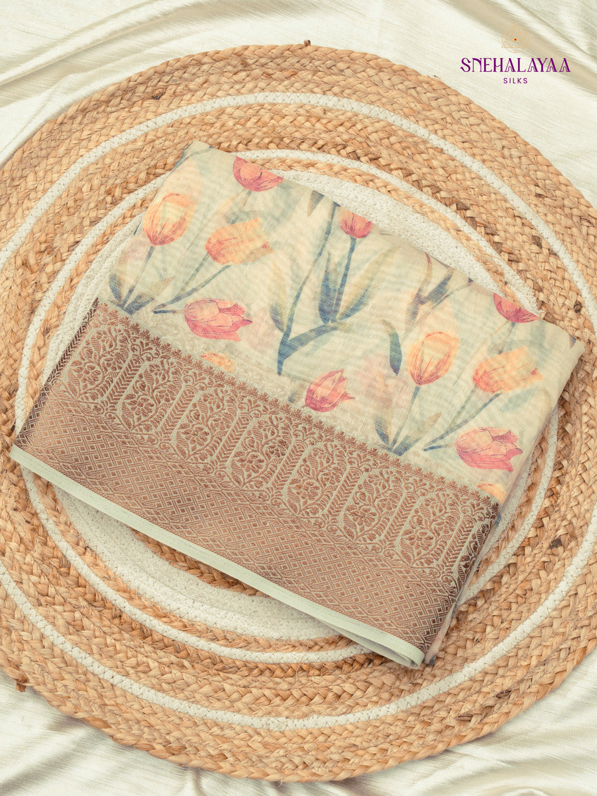 Cream Linen Floral Print Saree