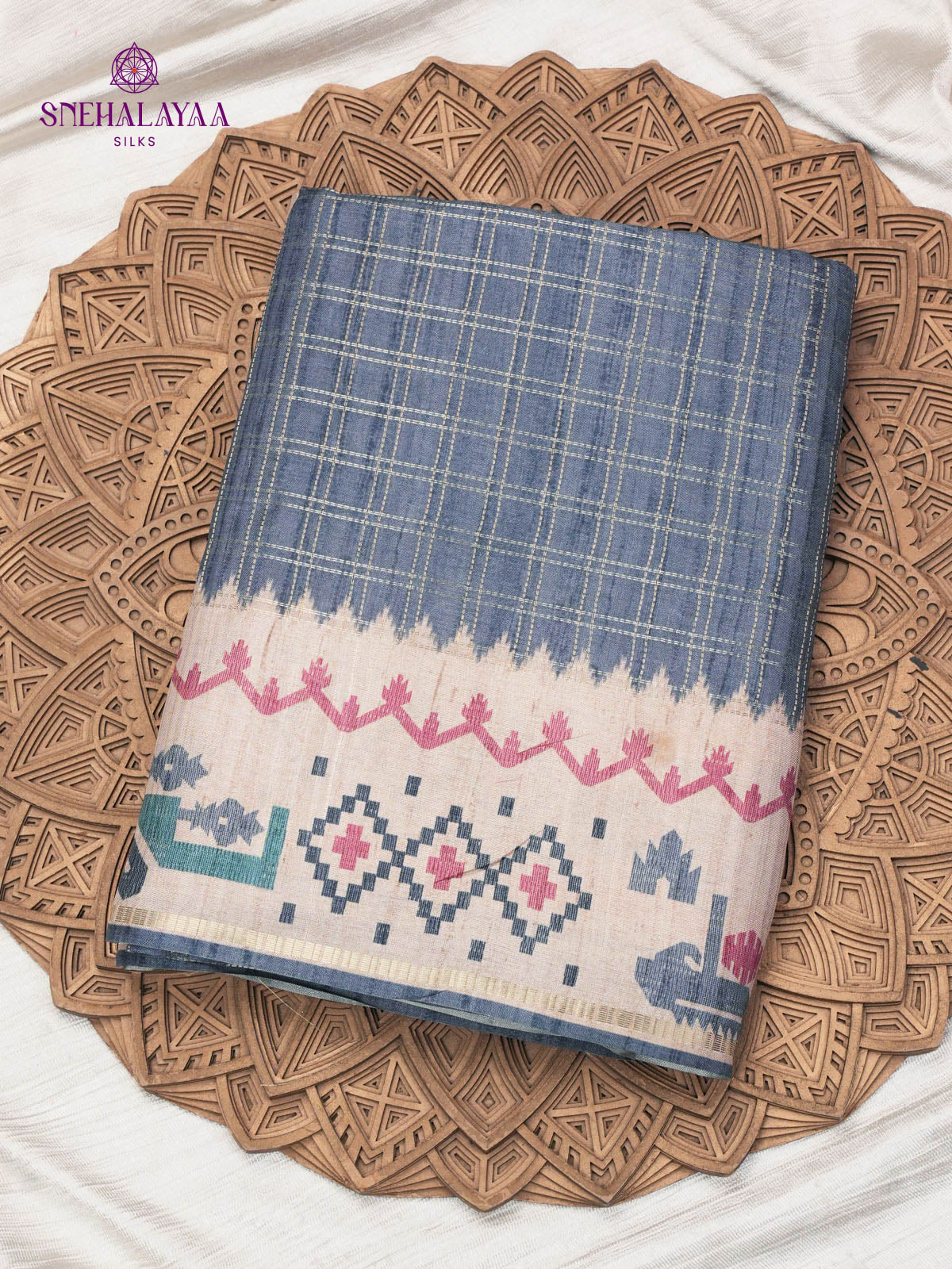 Pale Blue Printed Tussar Saree