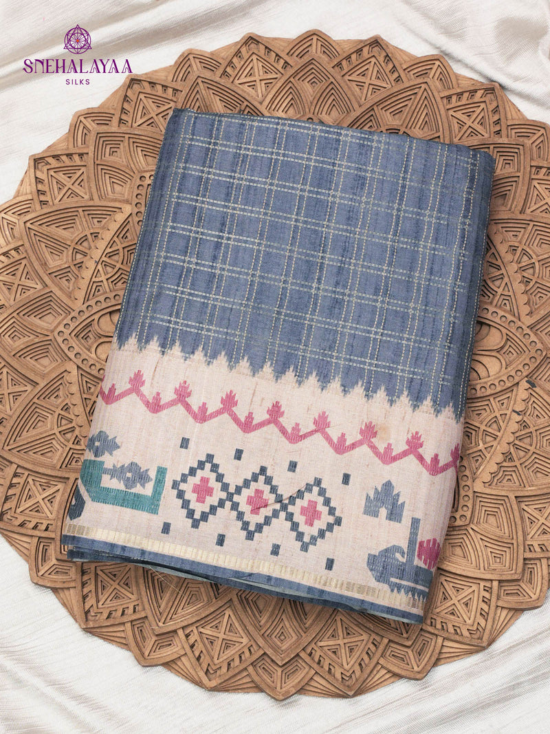 Pale Blue Printed Tussar Saree