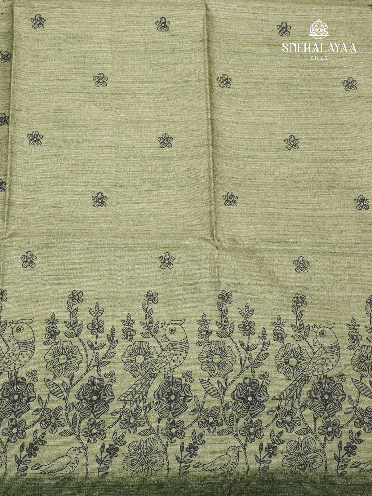 Sage Green Floral Printed Tussar Saree