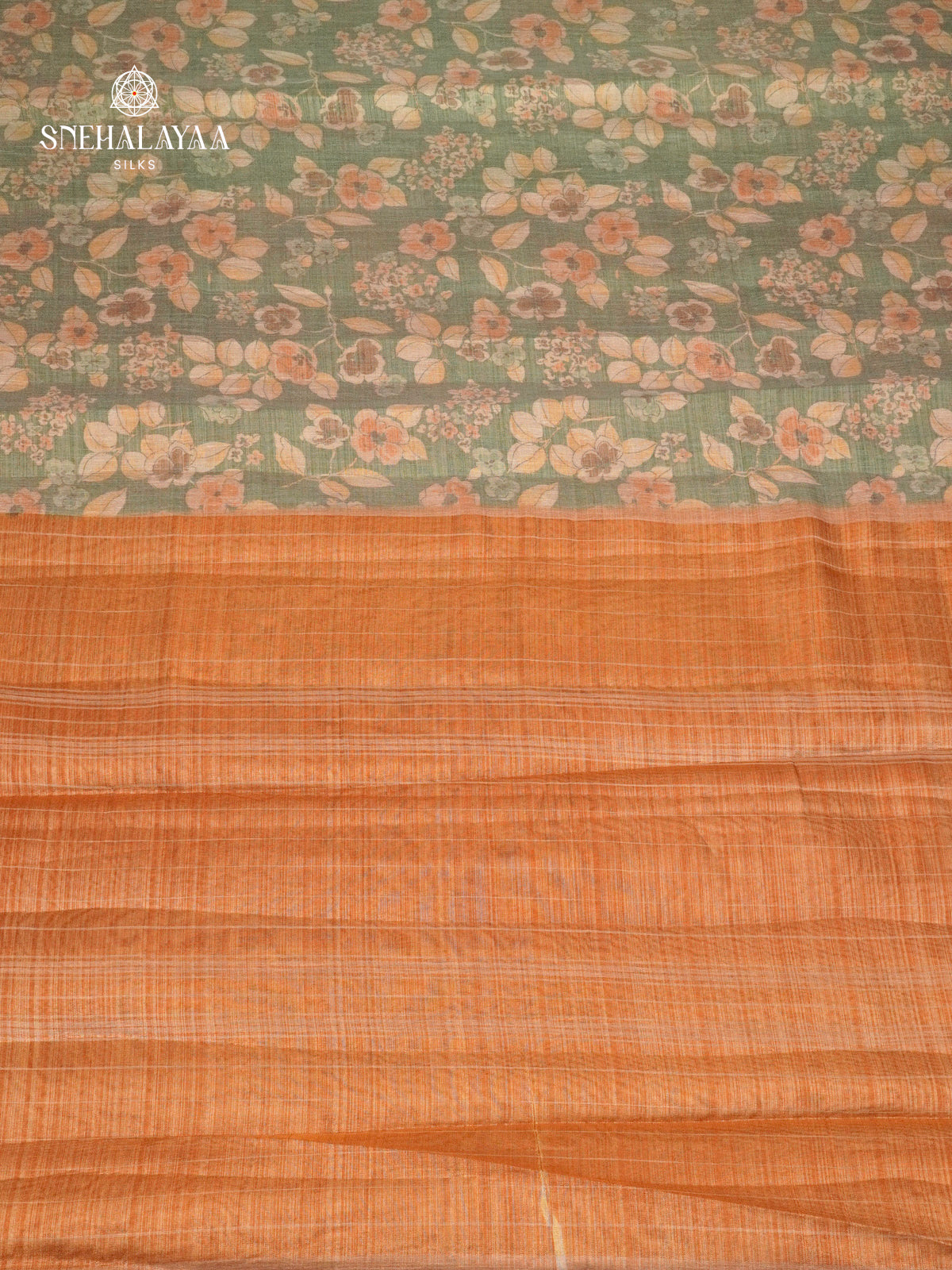 Olive Green With Orange Border Linen Tissue Saree