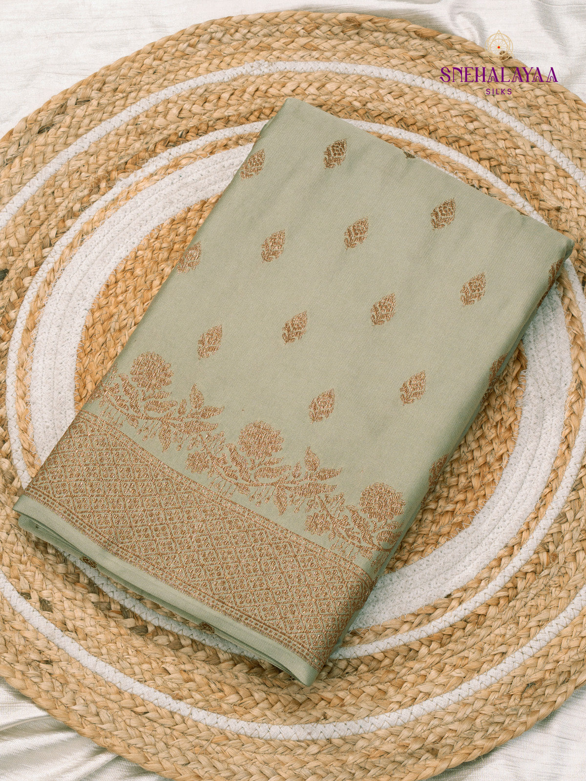 Sage Green Satin Banaras Saree