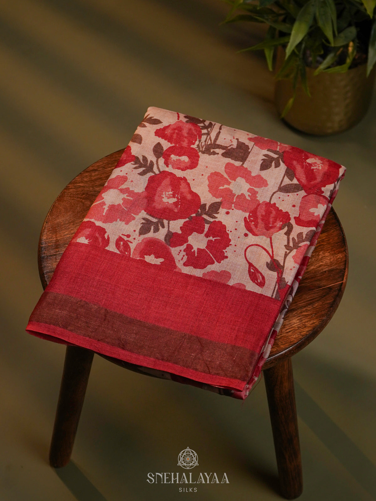 Peach Floral Printed Tussar Saree