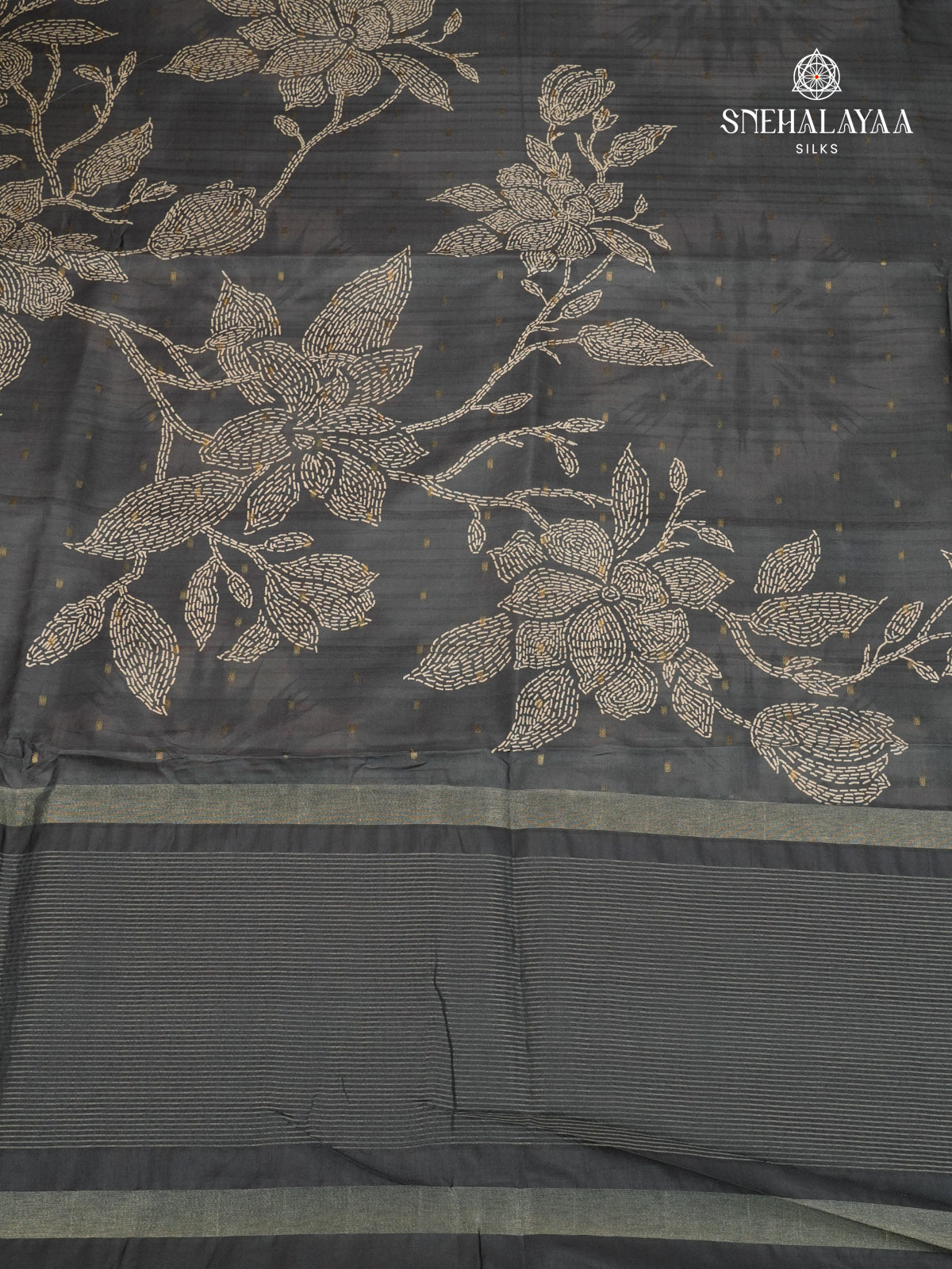 Black Floral Printed Tussar Saree