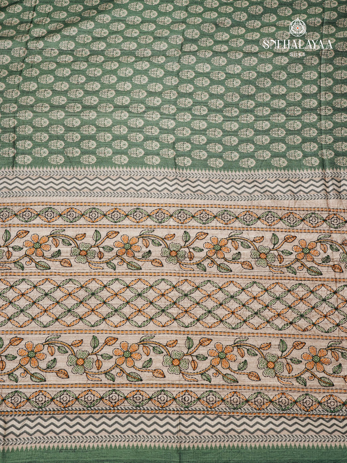 Olive Green Tussar Embroidery Saree