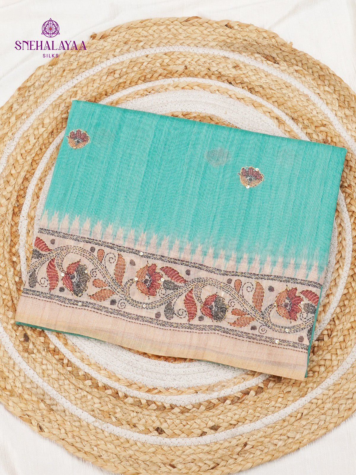 Pastel Blue Linen Embroidery Saree