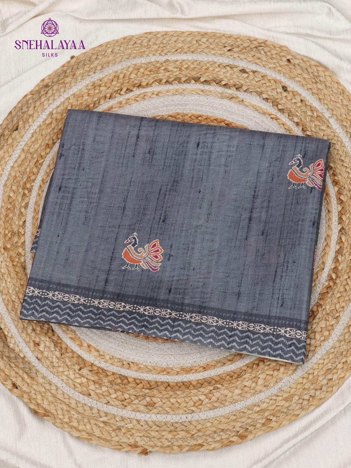 Grey Floral Printed Tussar Saree