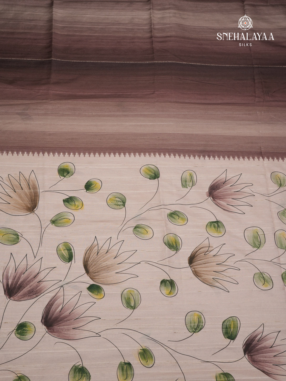 Brown Floral Printed Tussar Saree