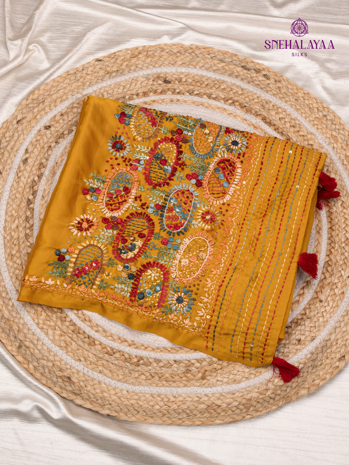 Yellow Satin Embroidery Saree