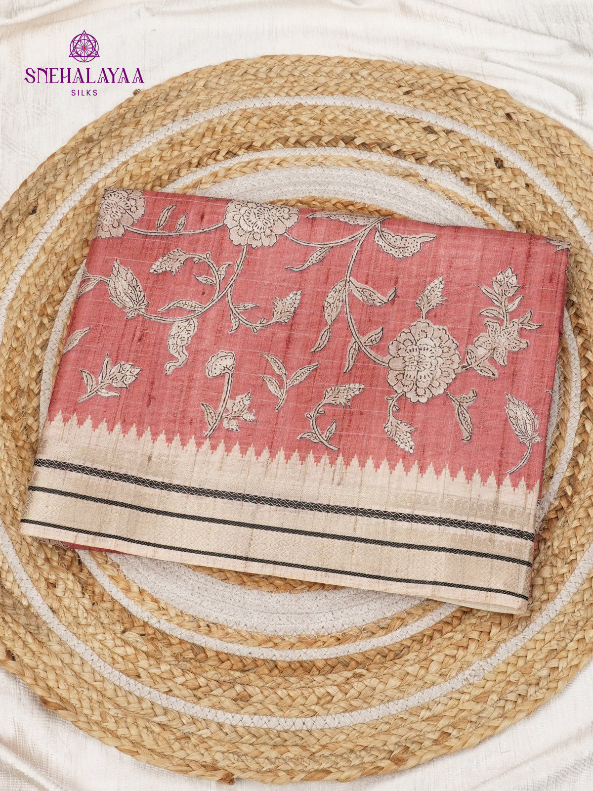 Maroon Floral Printed Tussar Saree