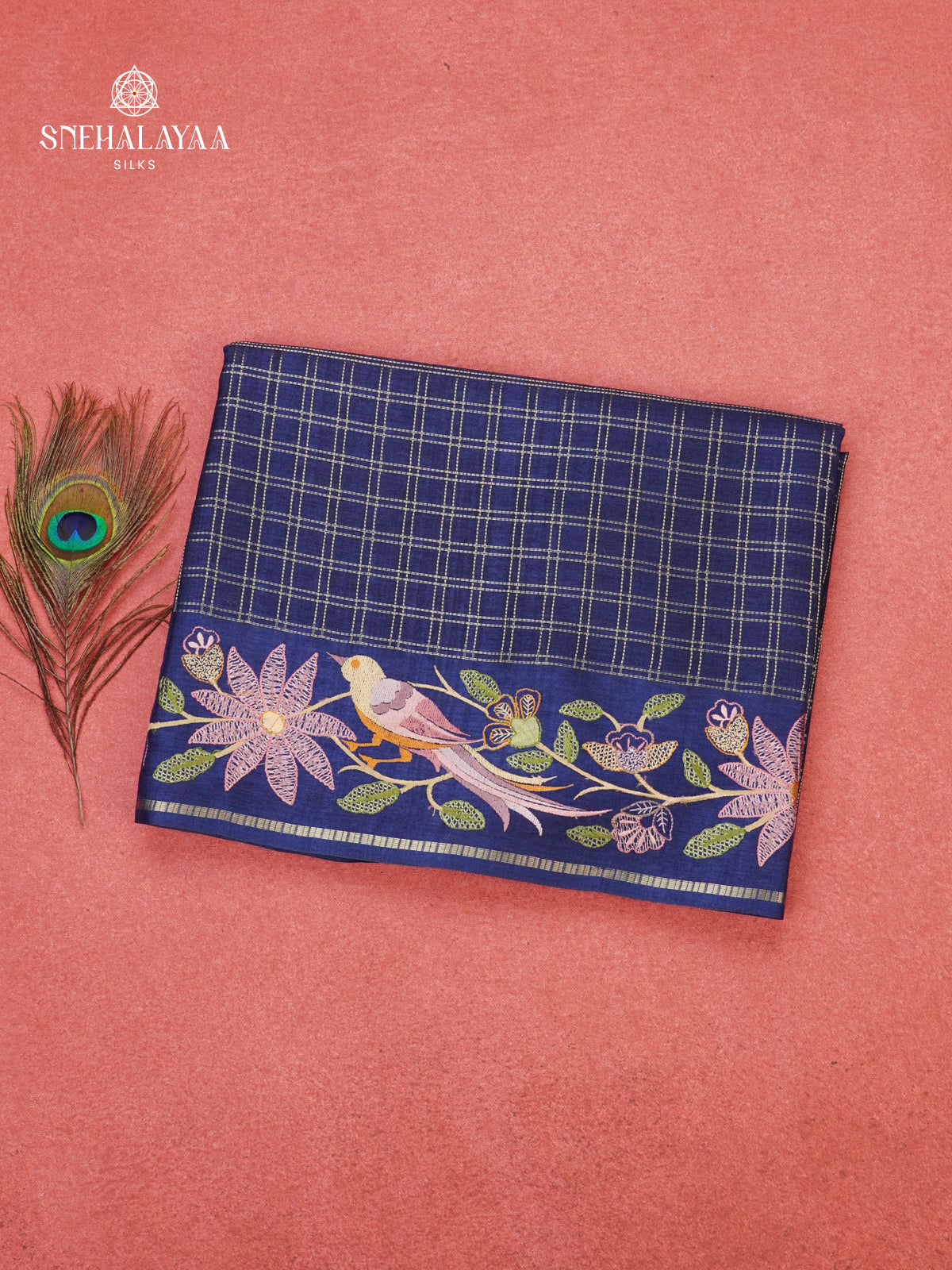 Navy Blue Munga Tussar Embroidery Saree