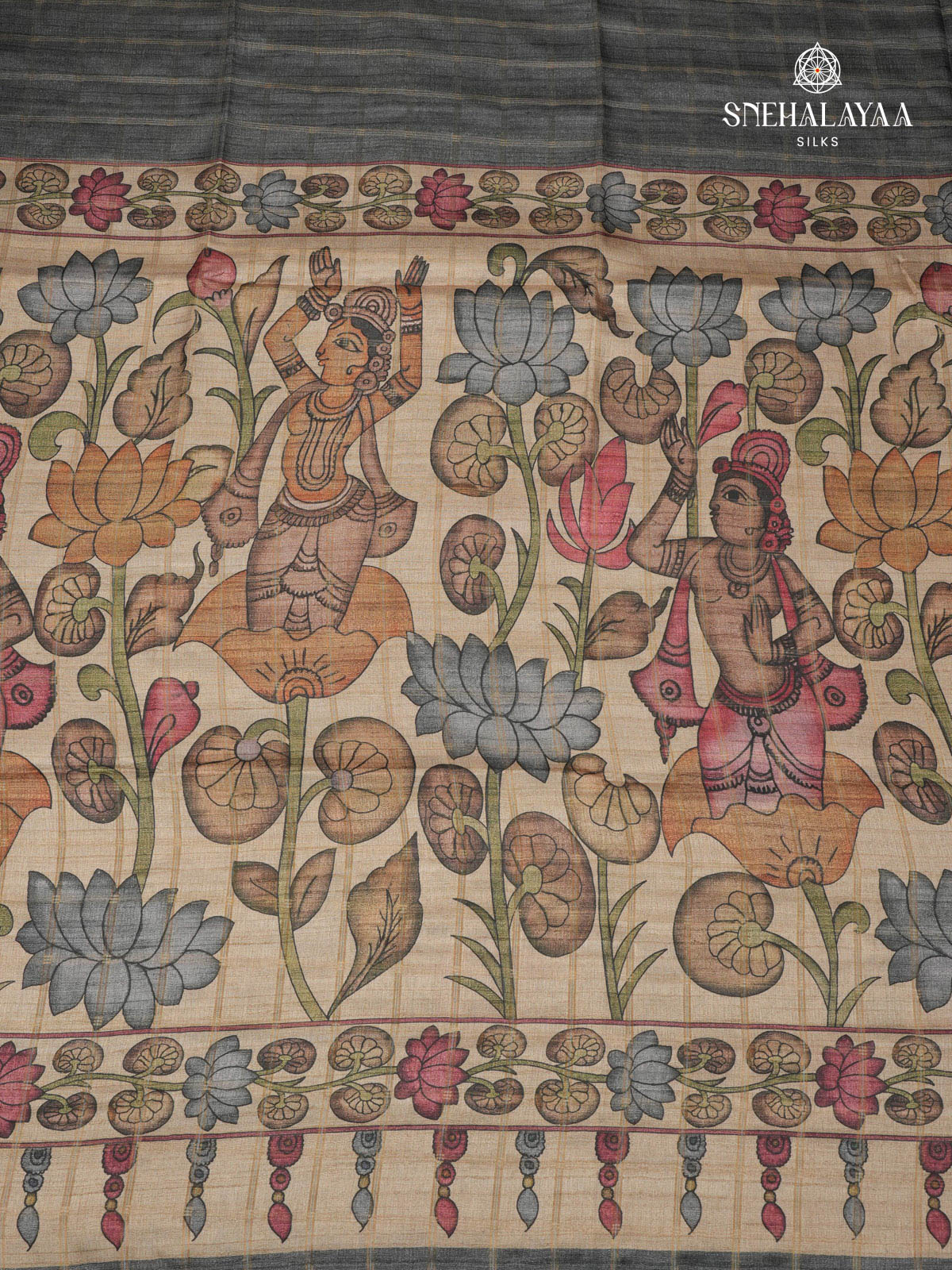 Grey Floral Printed Tussar Saree