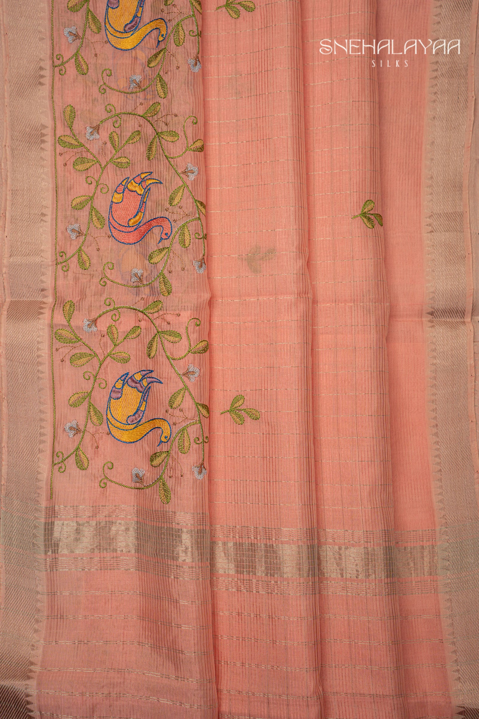 Salmon Pink Mangalgiri Embroidery Saree