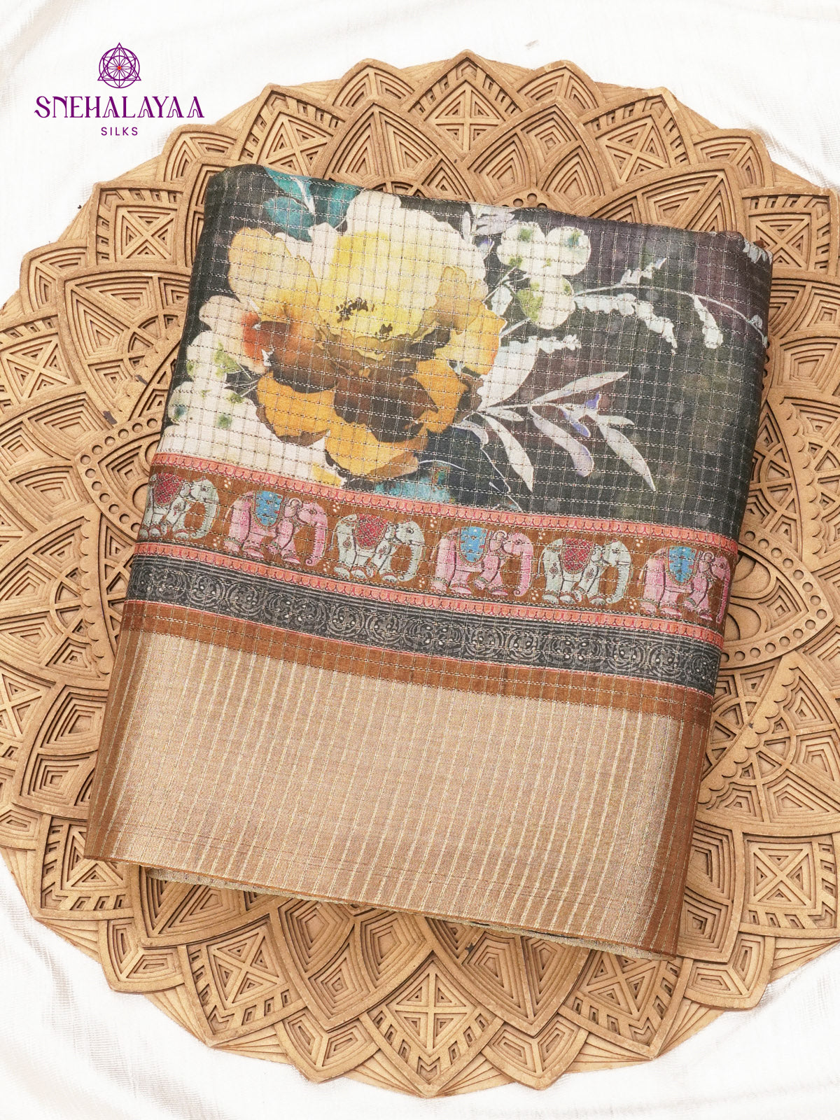 Black Floral Printed Tussar Saree