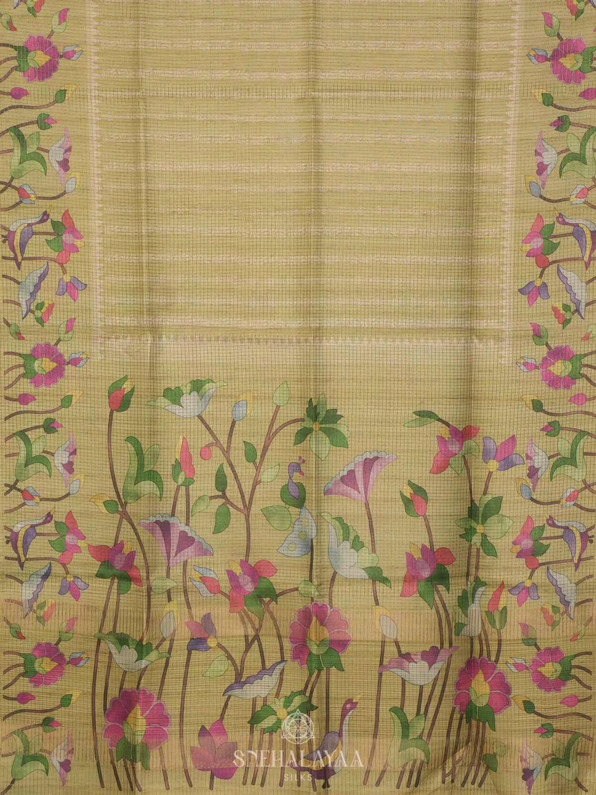 Pale Yellow Tussar Saree with Floral Prints