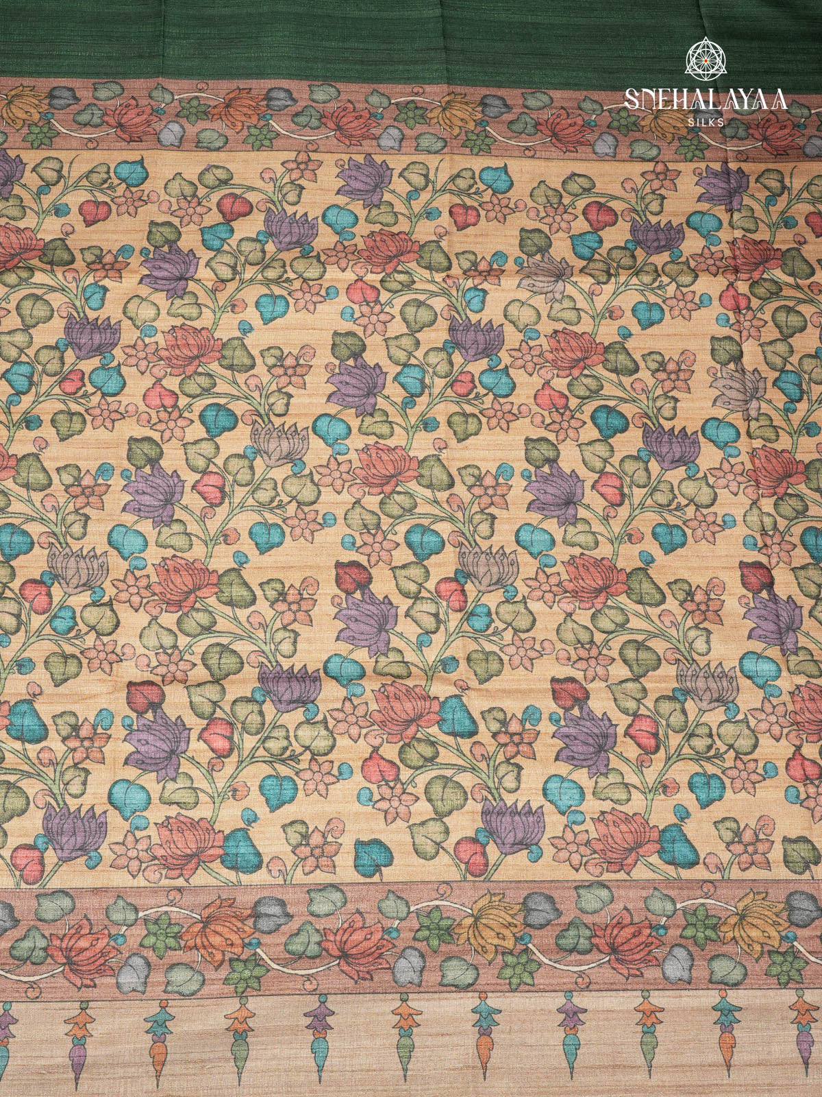 Forest Green Floral Printed Tussar Saree