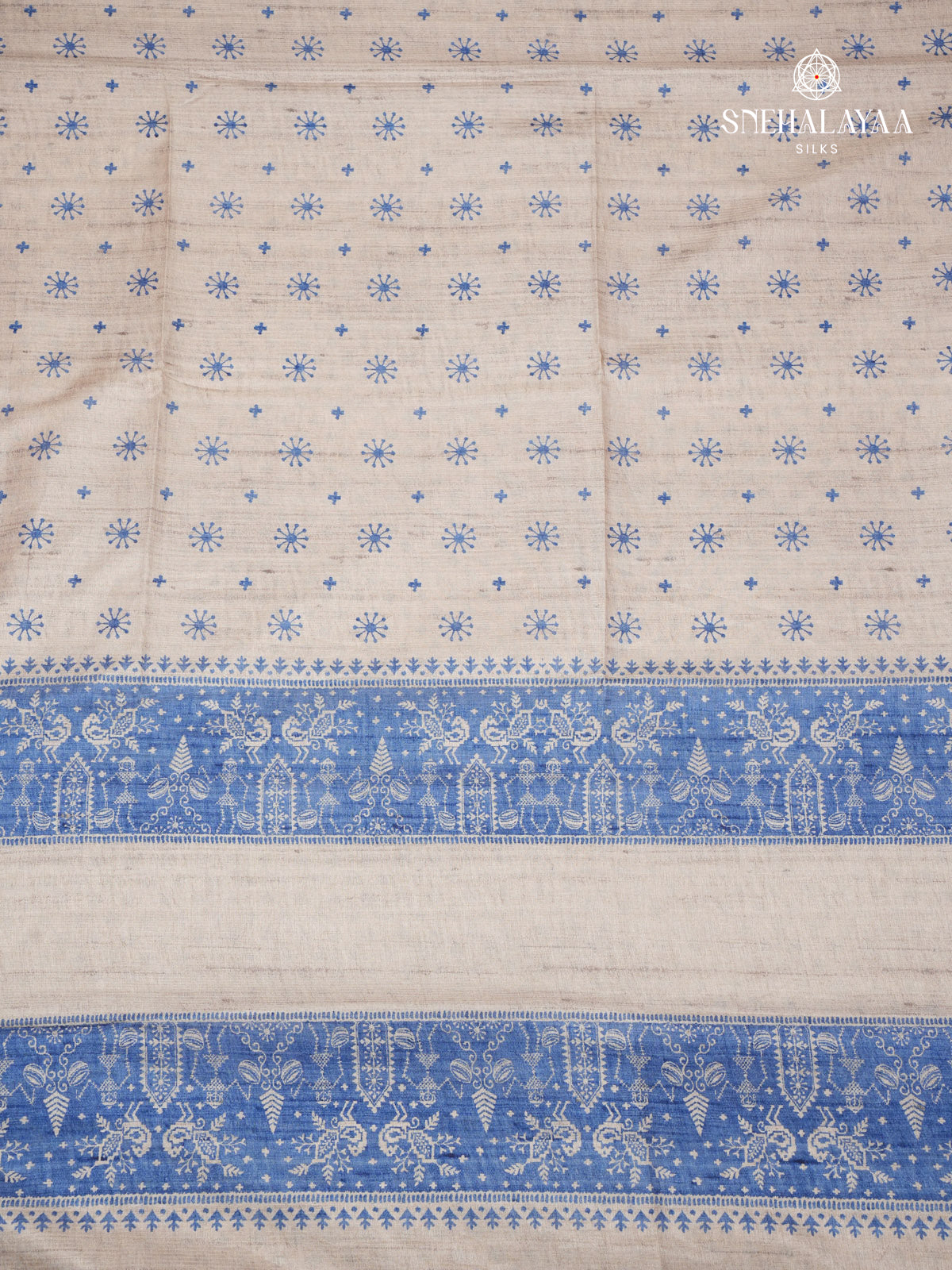 Beige With Blue Border Printed Tussar Saree
