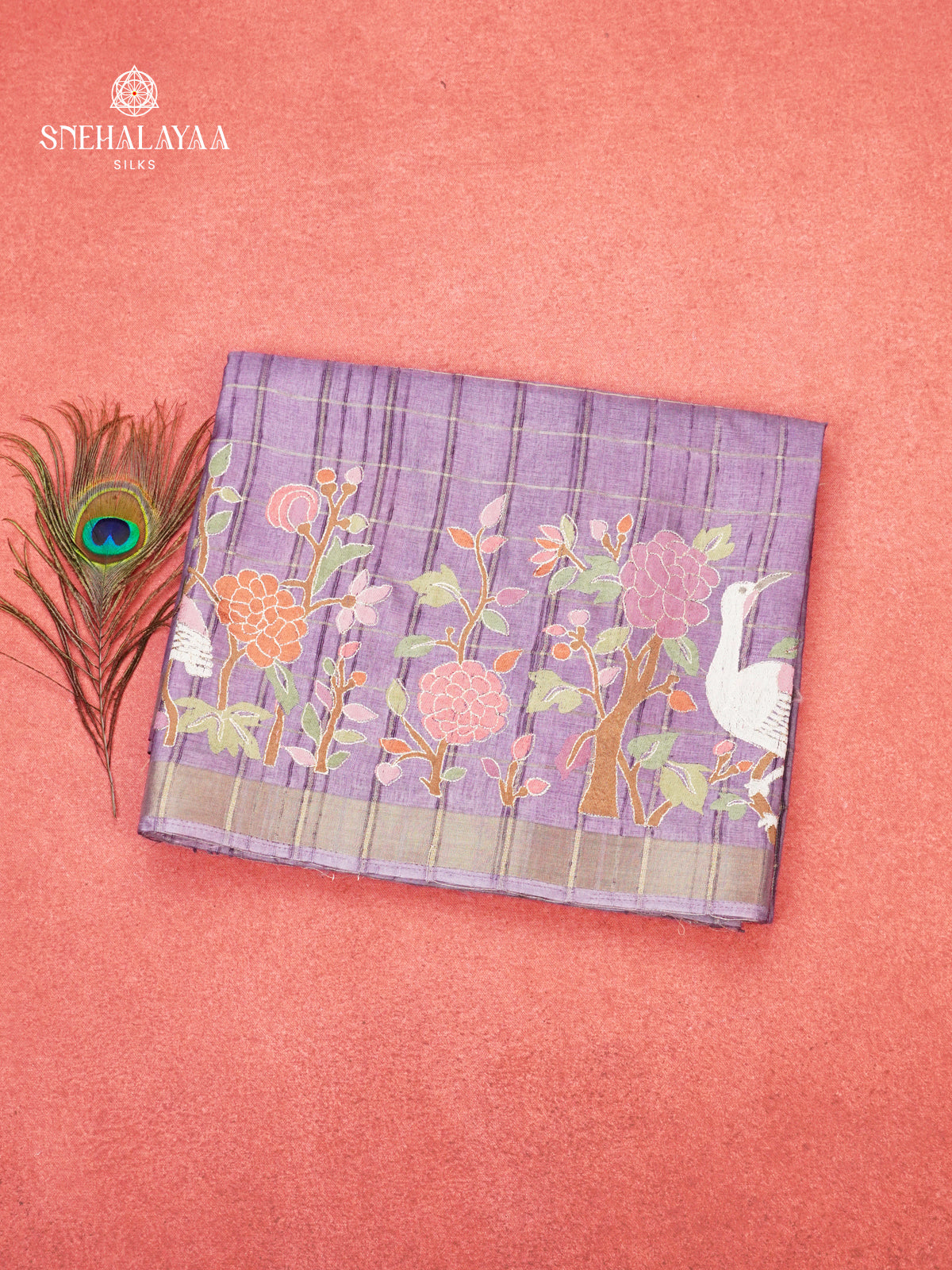 Lavender Munga Tussar Embroidery Saree