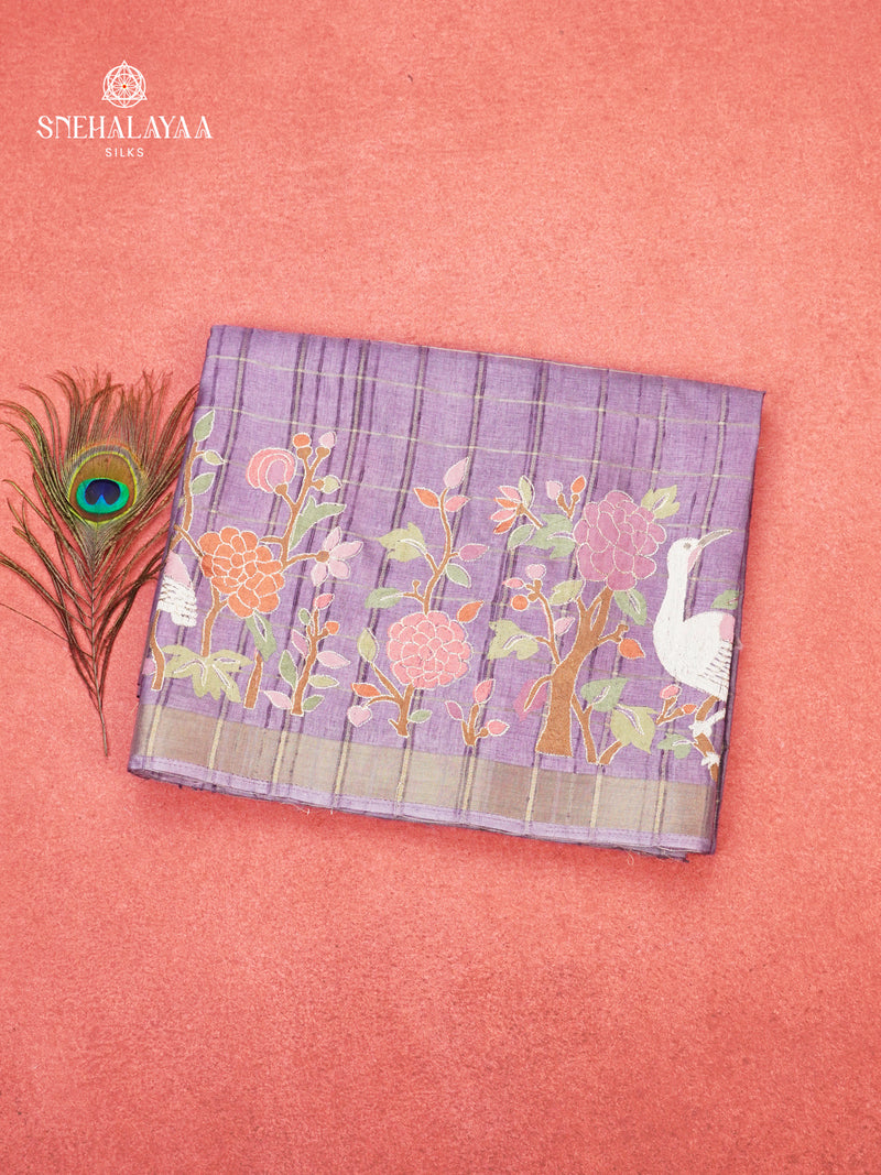 Lavender Munga Tussar Embroidery Saree