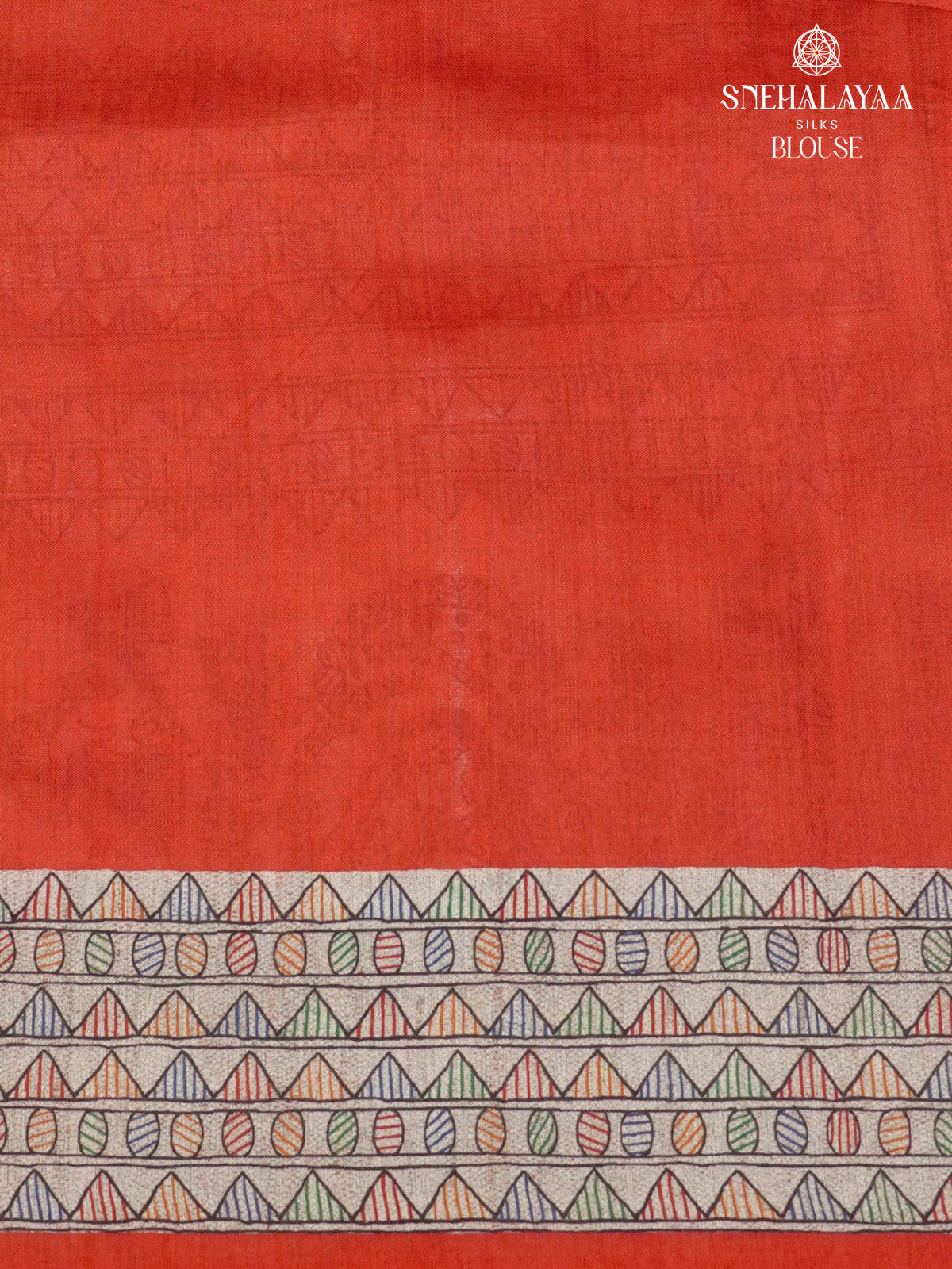 Beige with Red Border Madhubani Saree