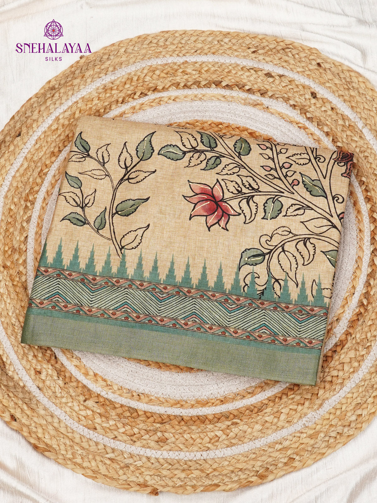 Beige With Teal Blue Floral Printed Tussar Saree