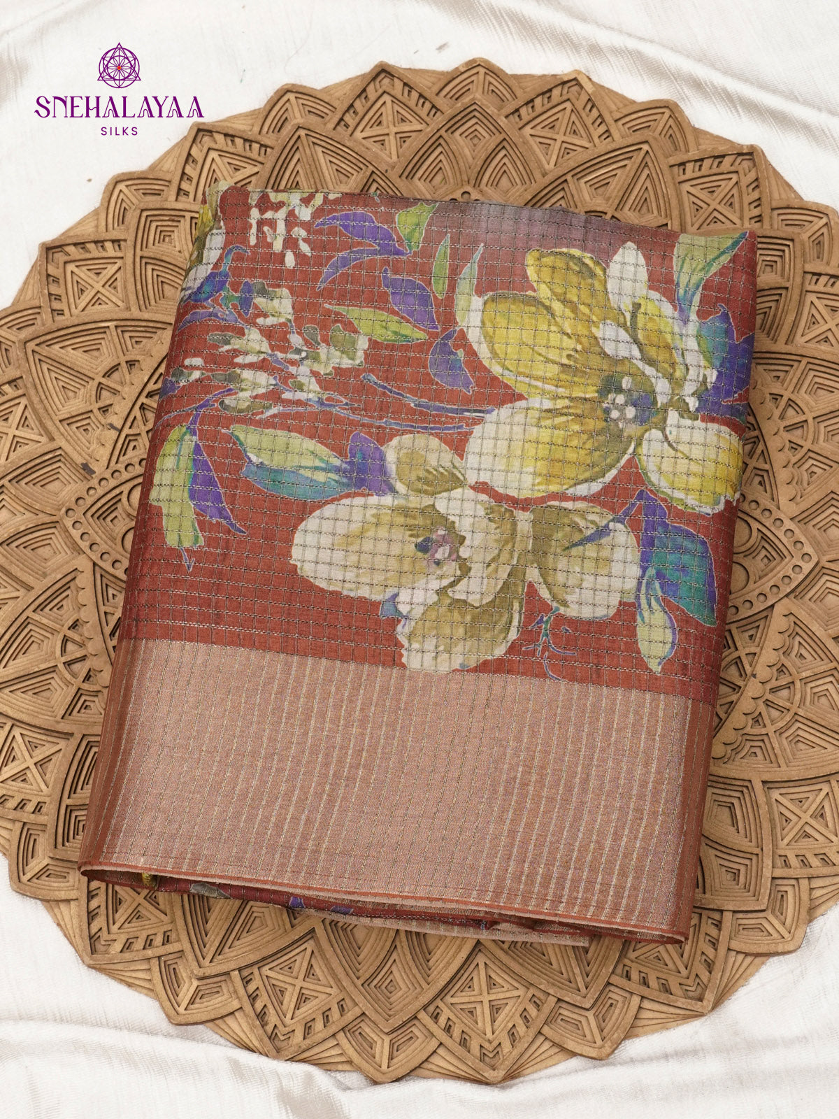 Teal Blue With Maroon Border Floral Printed Tussar Saree