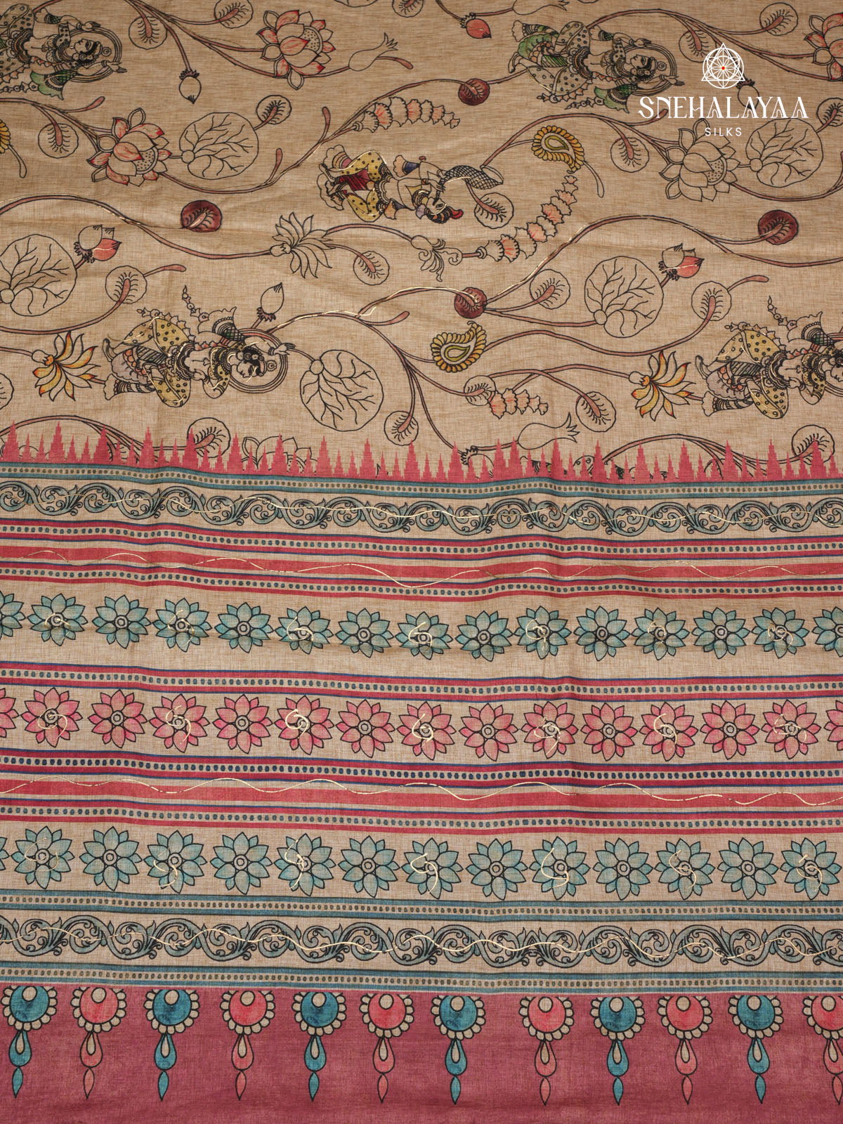 Beige With Marron Border Floral Printed Tussar Saree