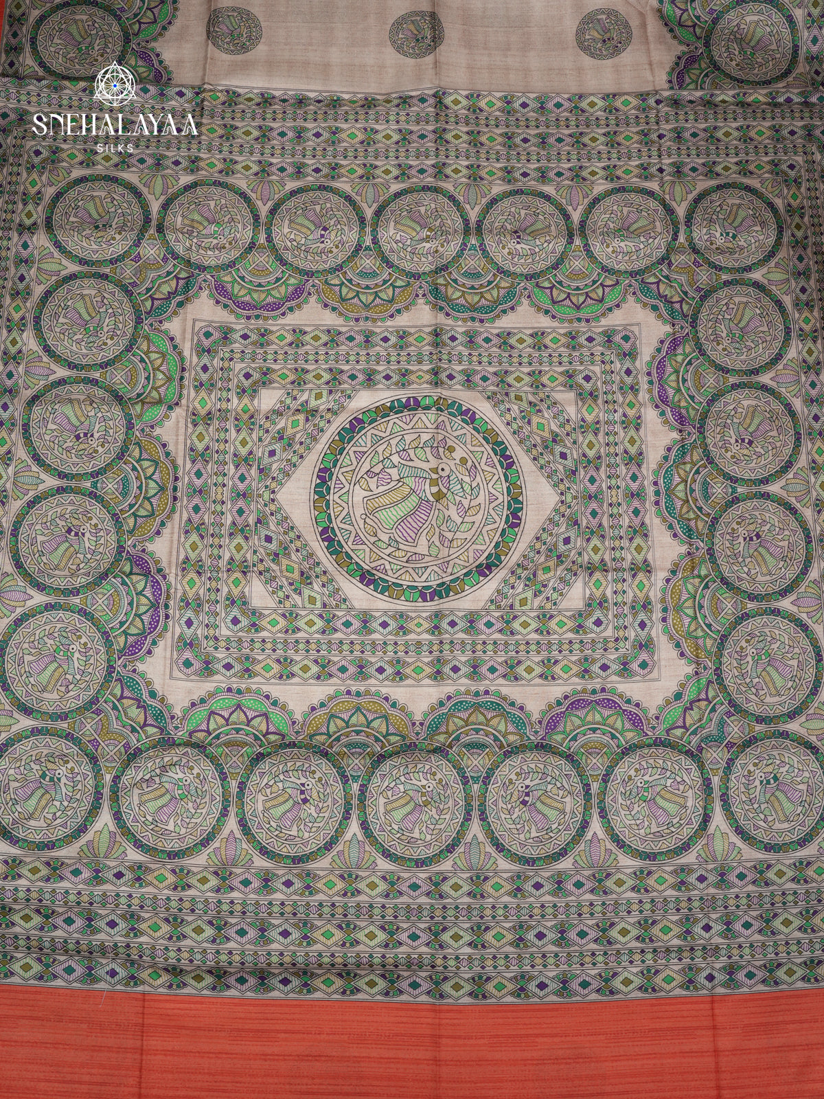 Beige with Orange Border Madhubani Saree