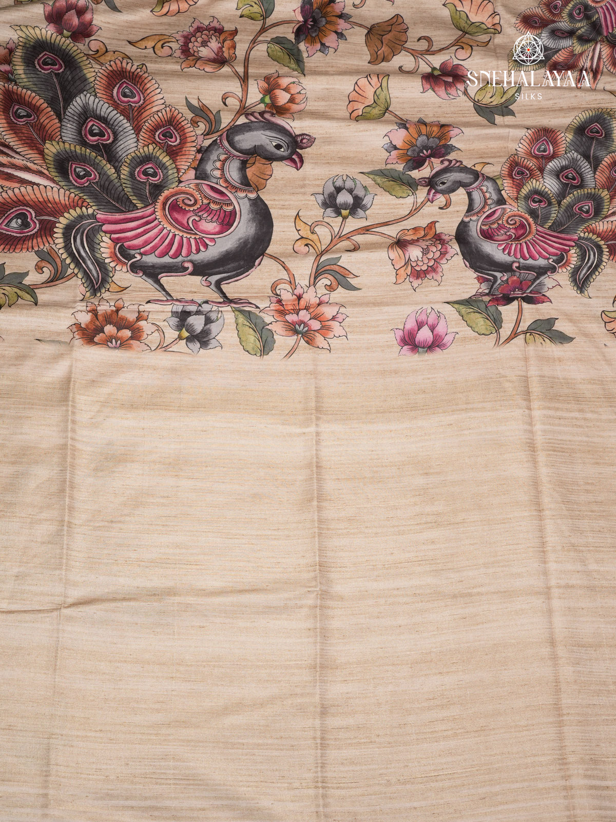 Beige Floral Printed Tussar Saree