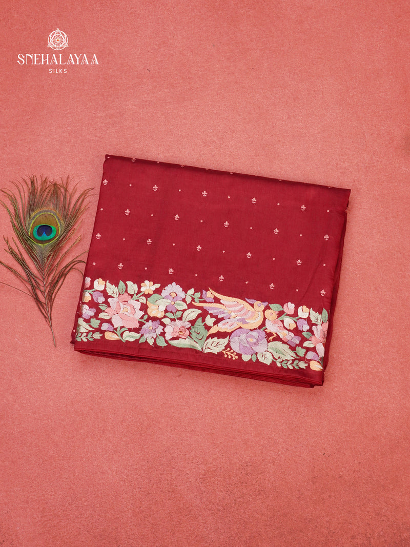 Red Munga Tussar Embroidery Saree