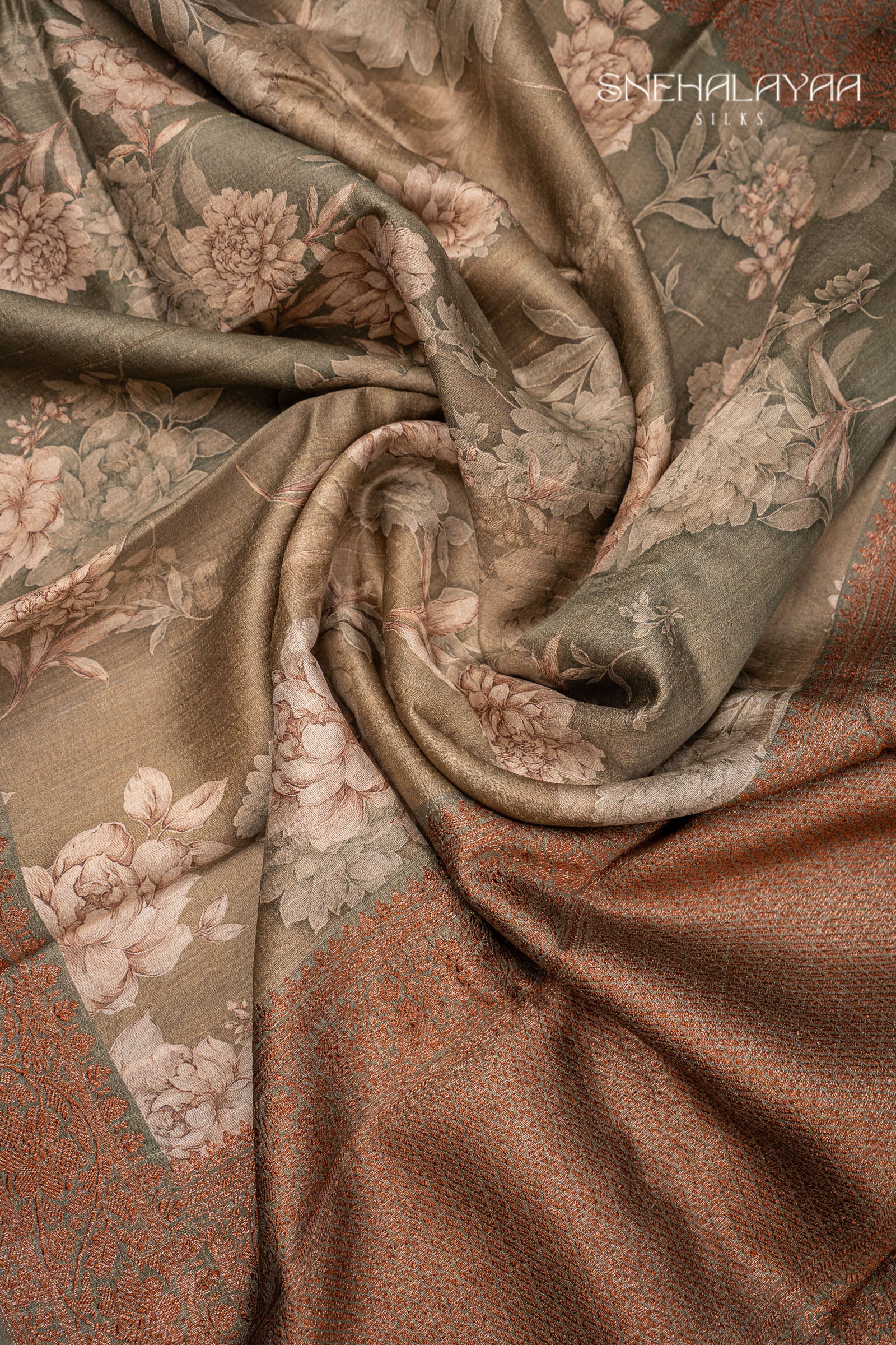 Sage Green Printed Jute Tussar Saree