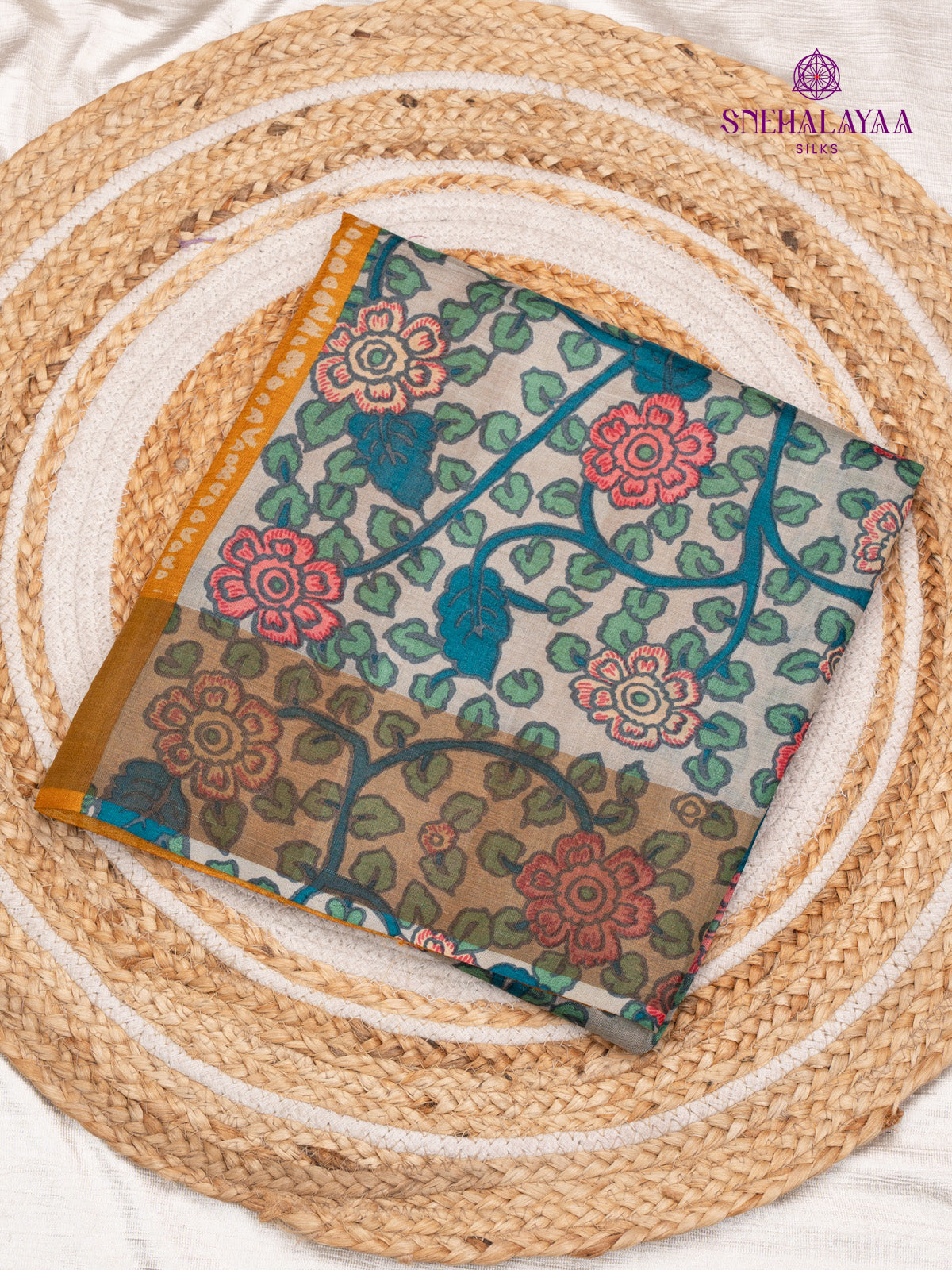 Yellow Printed Tussar Saree