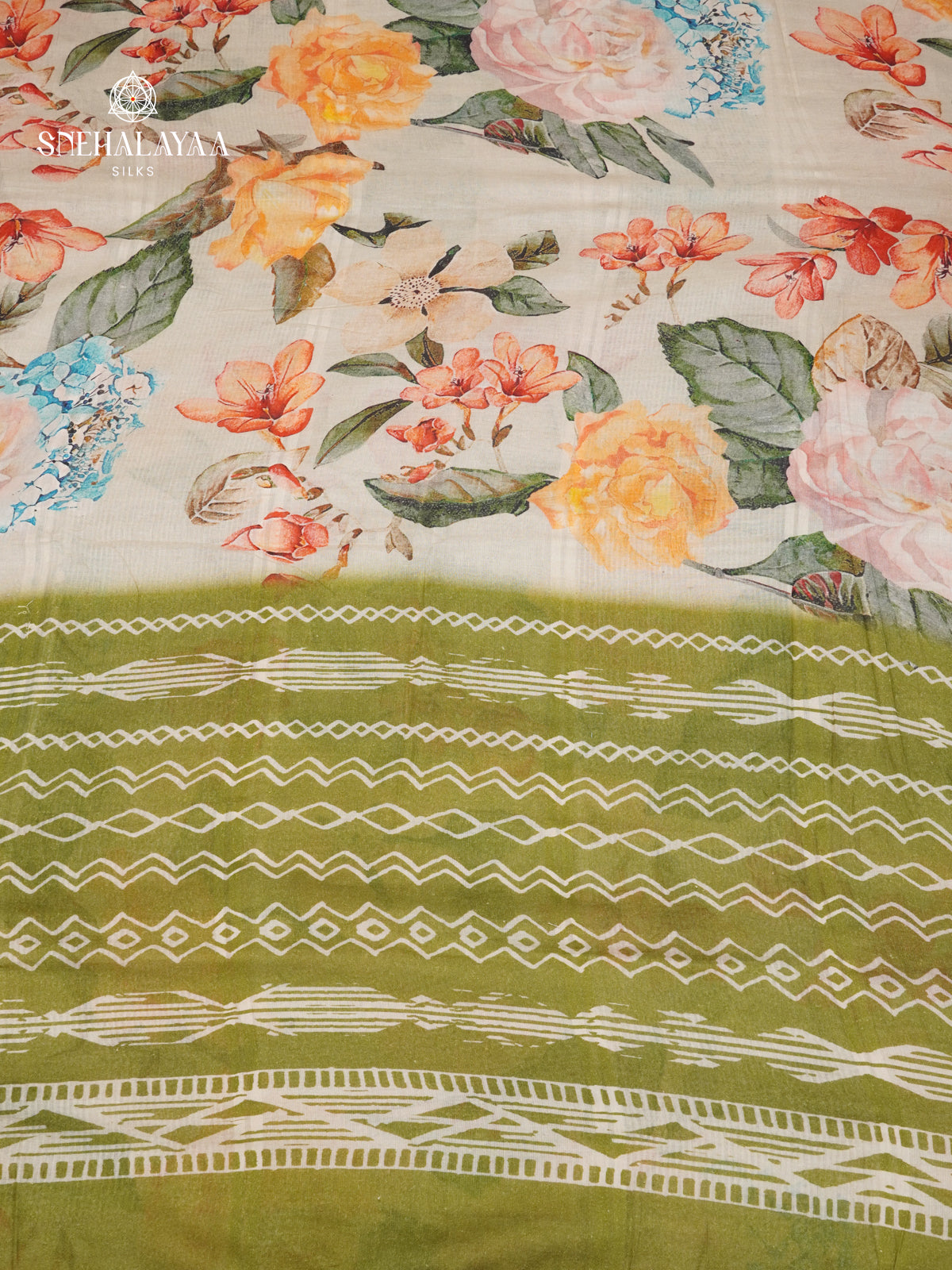 Off White Printed Linen Cotton Saree