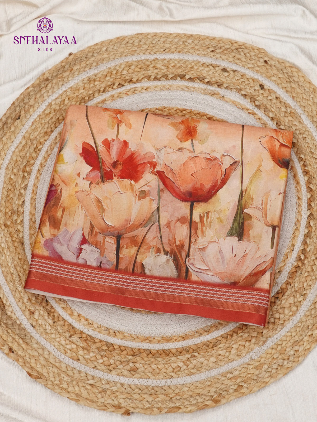 Saffron Floral Printed Tussar Saree