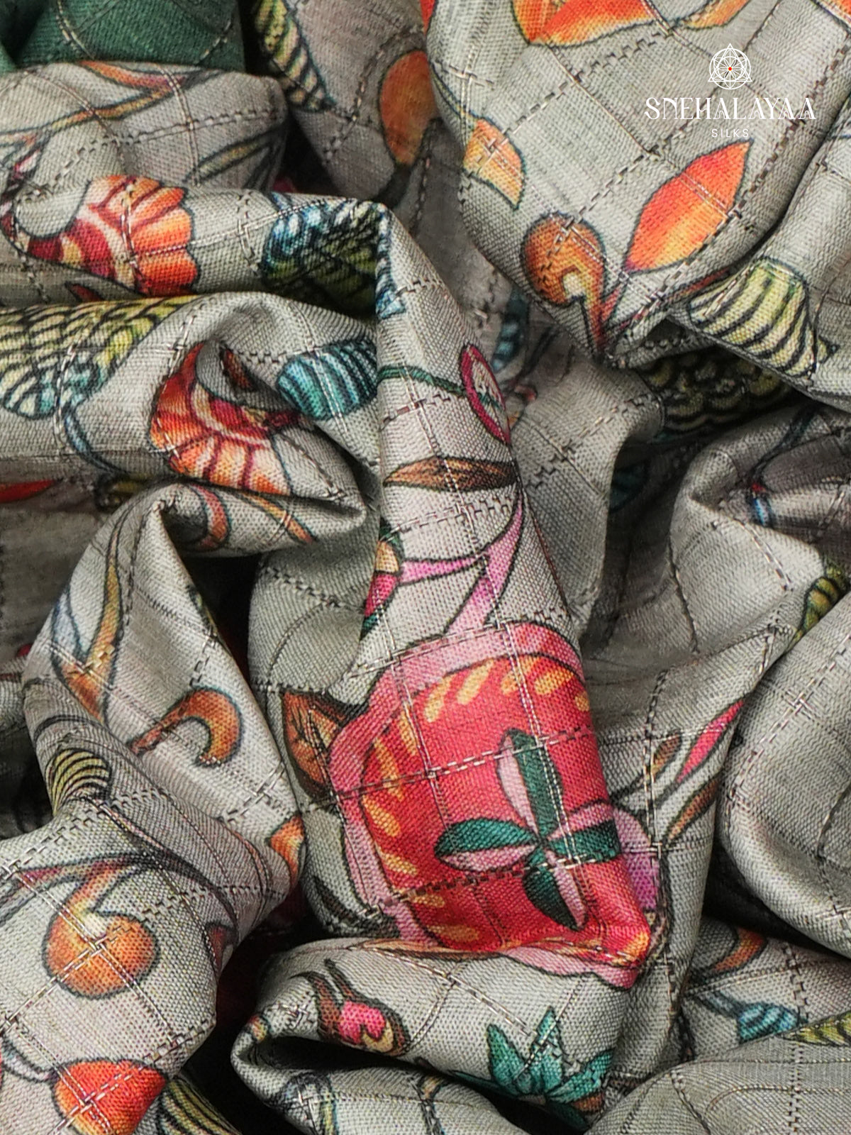 Grey Floral Printed Tussar Saree