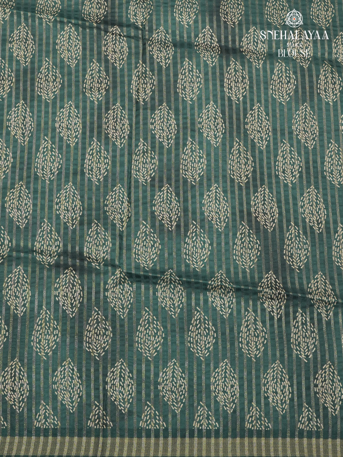 Forest Green Floral Printed Tussar Saree