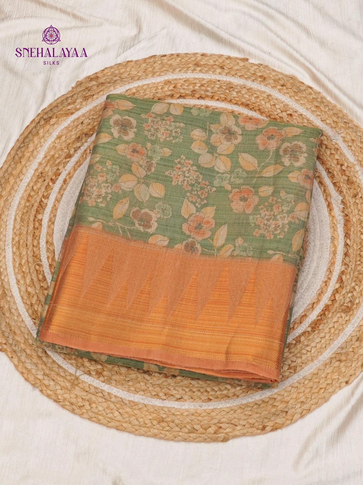 Olive Green With Orange Border Linen Tissue Saree