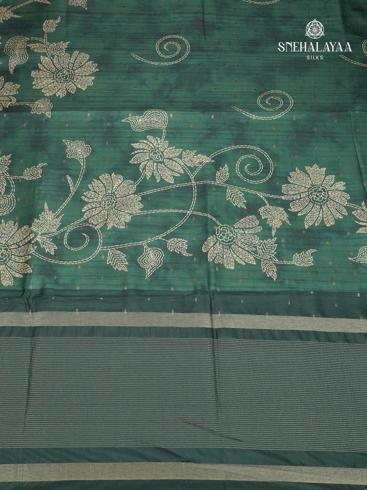 Green Floral Printed Tussar Saree