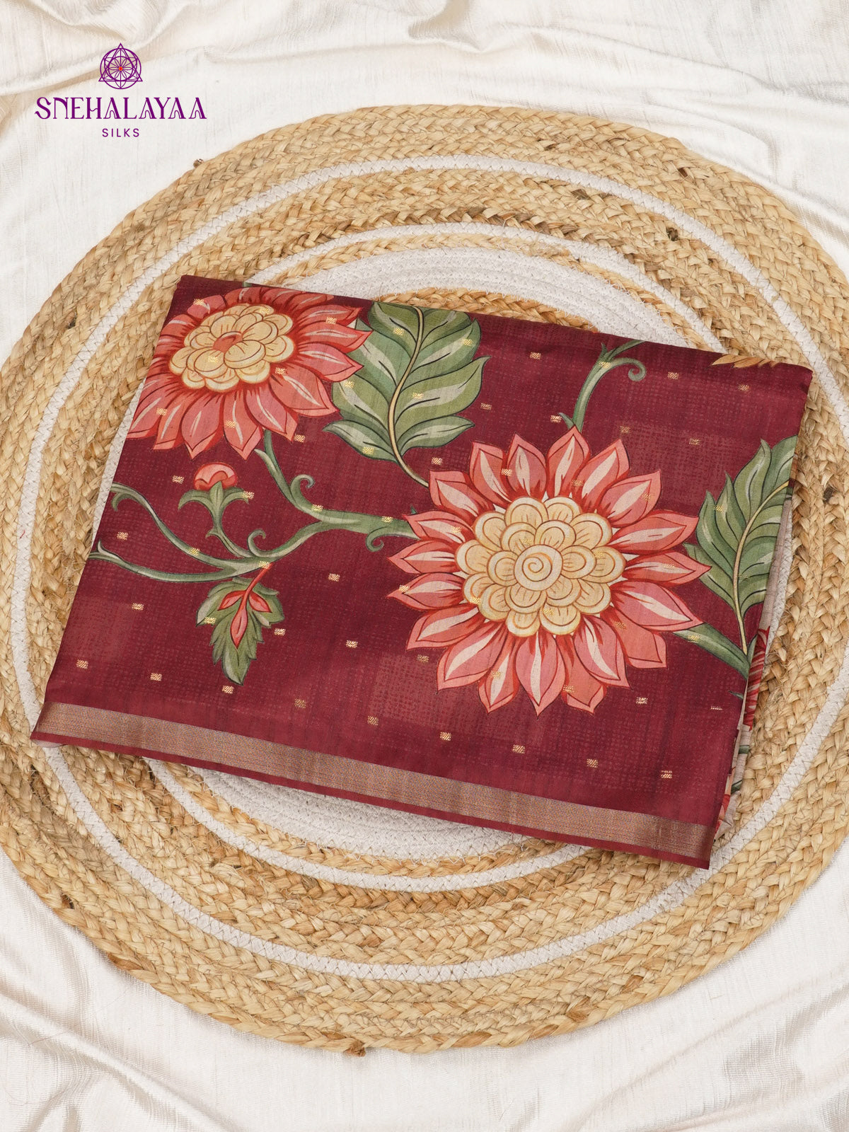 Marron Floral Printed Tussar Saree