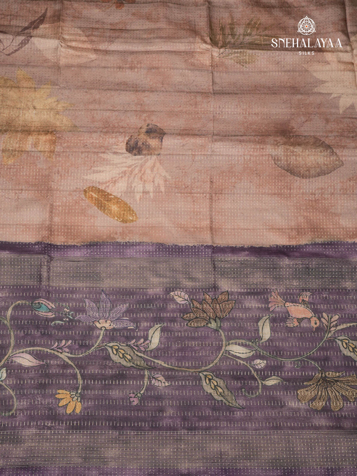 Brown Floral Printed Tussar Saree