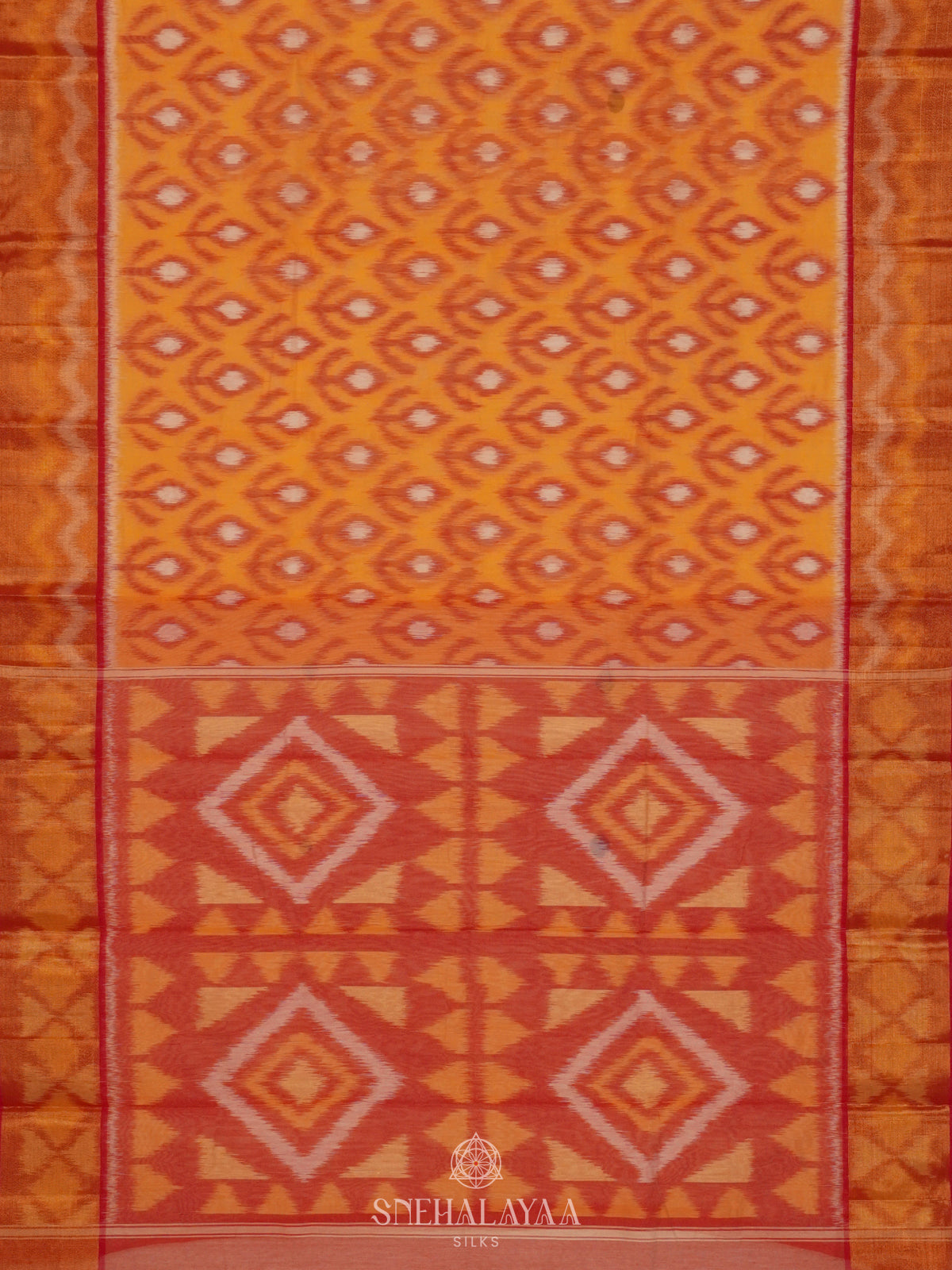 Orange Ikat Silk Cotton Saree with Traditional Woven Border