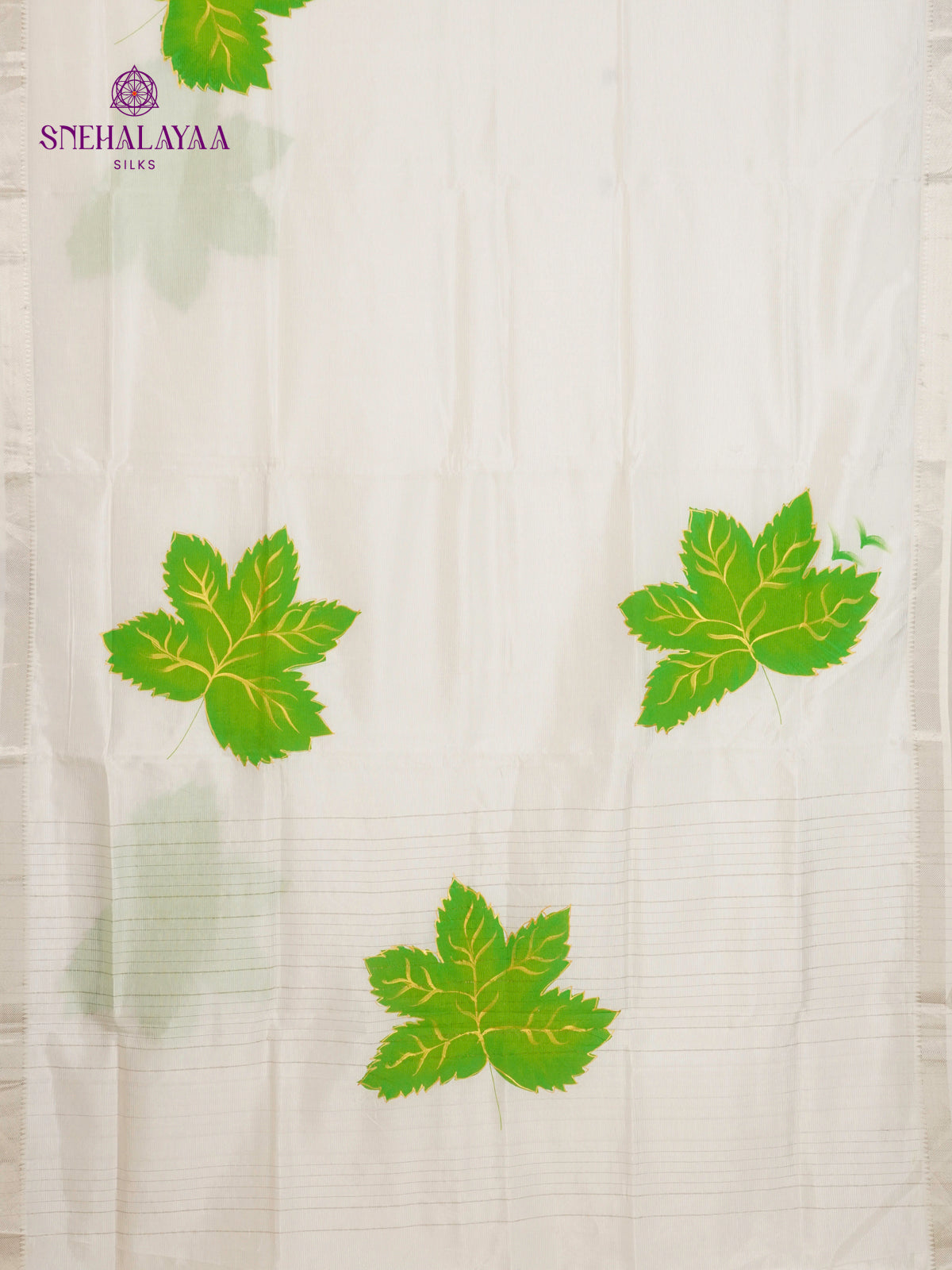 Off White Mangalagiri Silk Cotton Saree with Hand Painted Parrot Green Leaf Motifs