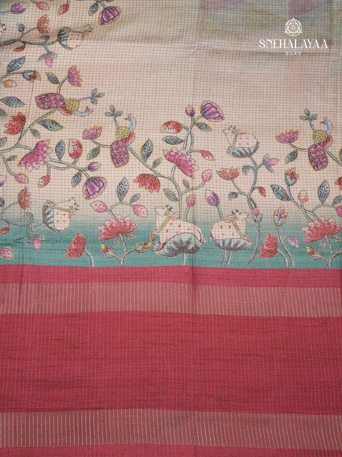 Beige Floral Printed Tussar Saree