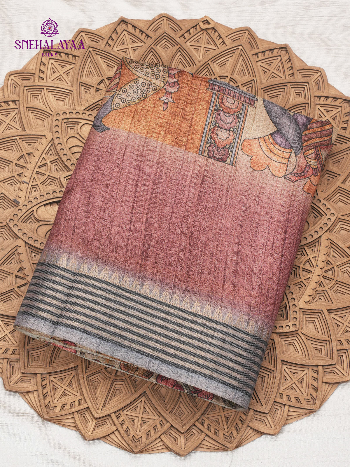 Beige With Maroon Border Kalamkari Tussar Saree