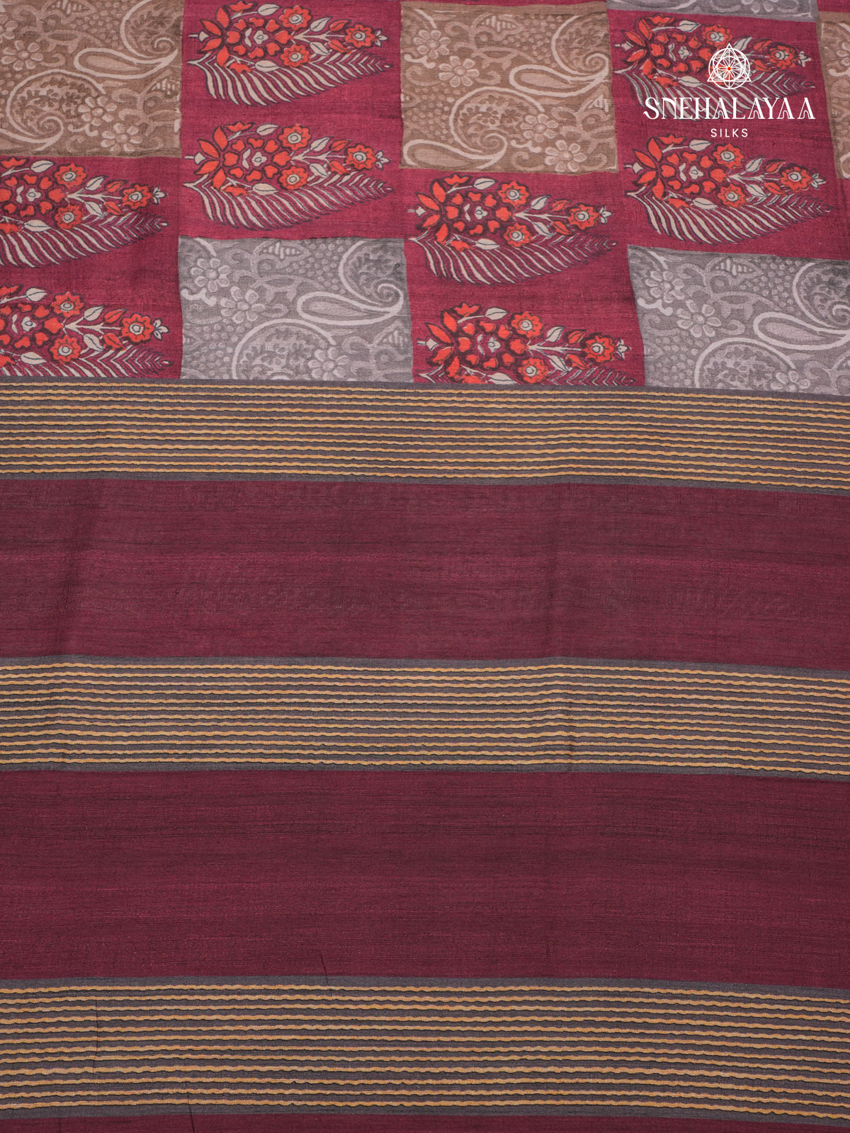 Burdundy Floral Printed Tussar Saree