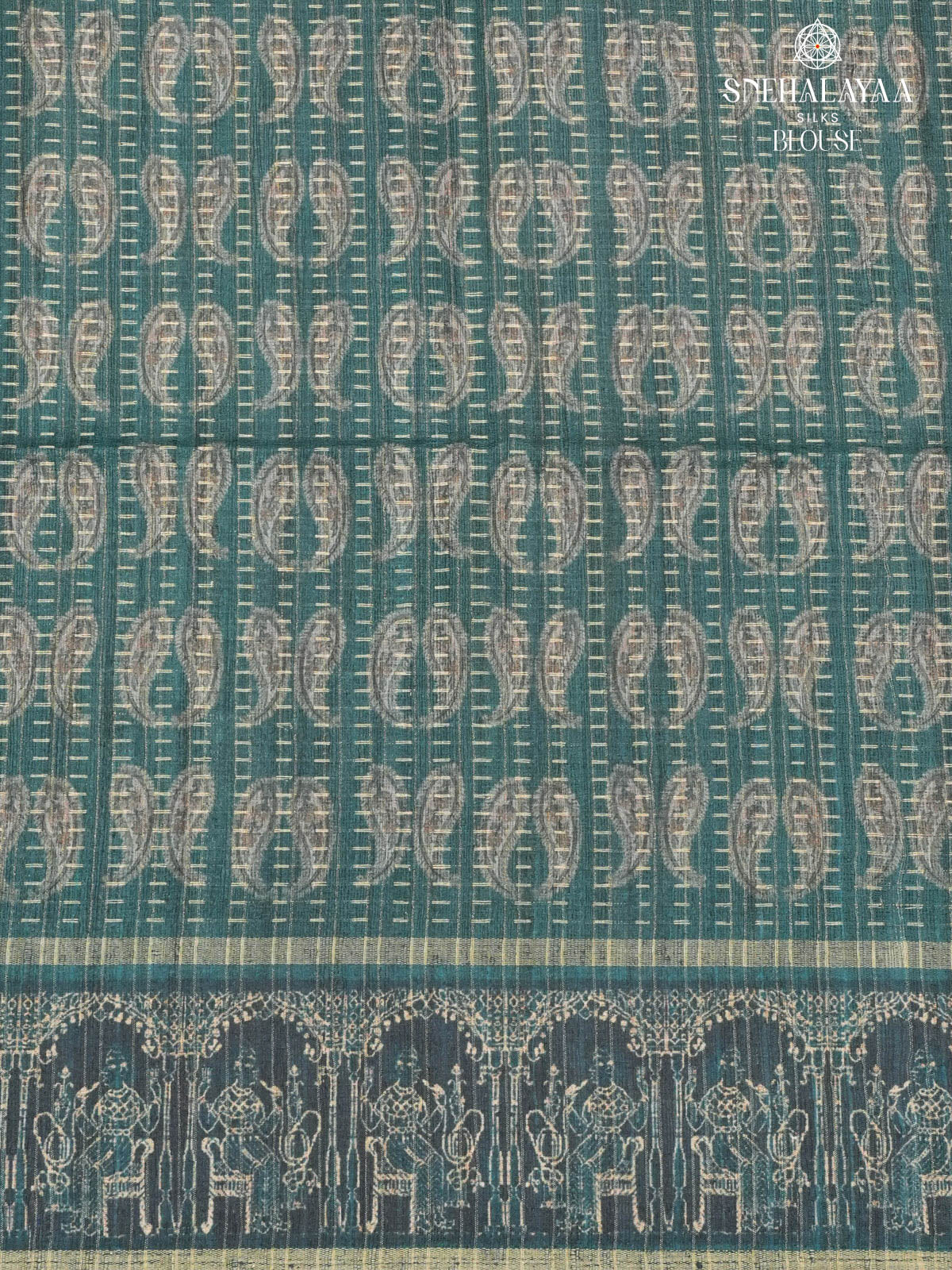 Teal Blue Floral Printed Tussar Saree