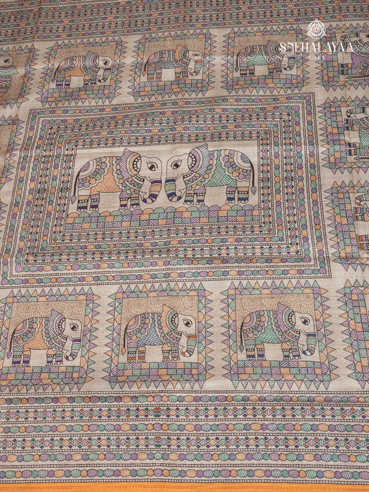 Beige With Yellow Border Madhubani Saree