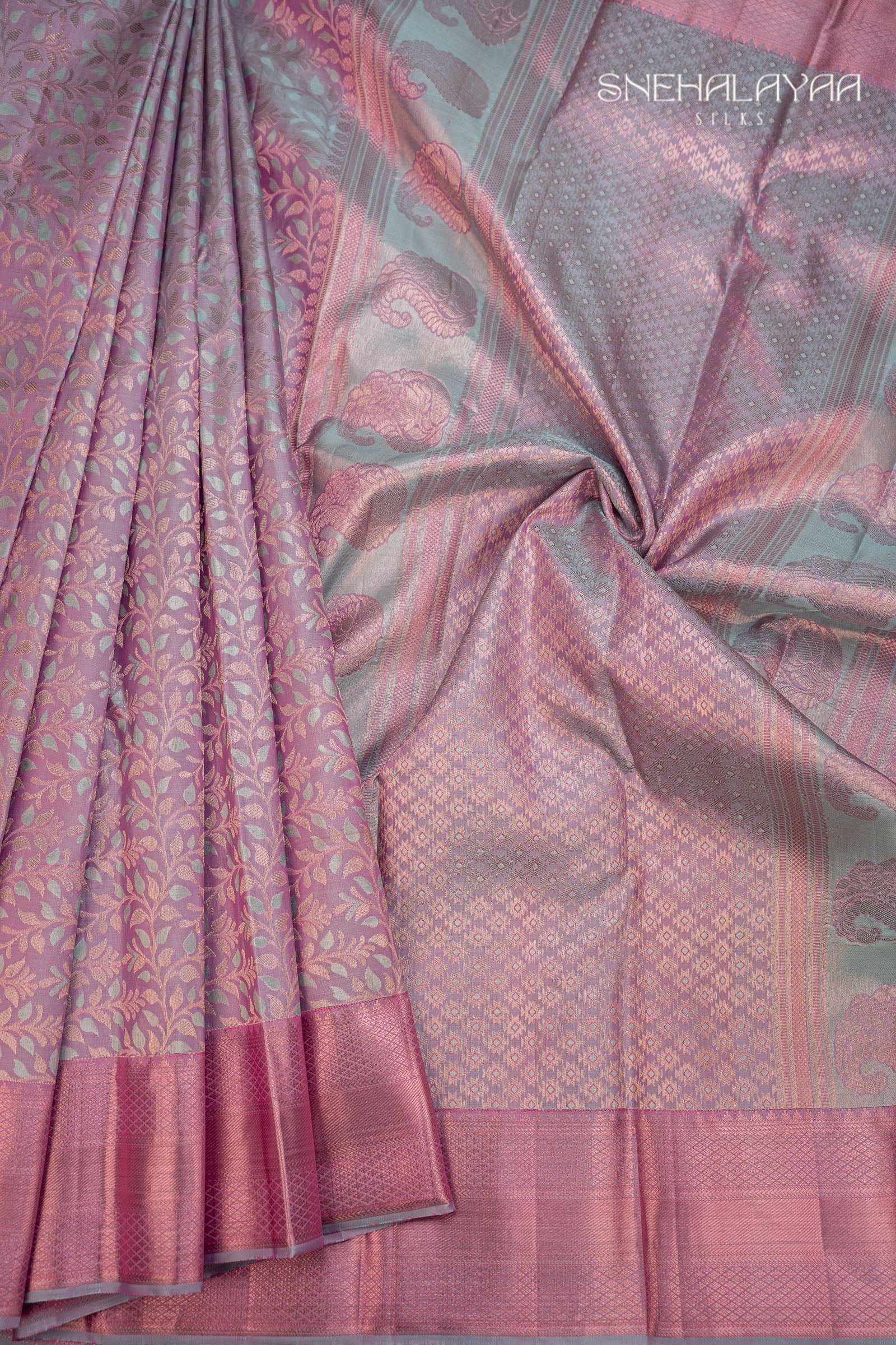 Peach Blue Kancheevaram Silk Saree
